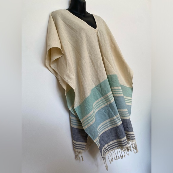 Tribe Alive Womens Size OS Cream & Blue Striped Fringe Poncho Beach Coverup - Picture 6 of 6